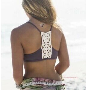 L*SPACE Nanette Bralette Bikini Top Sz S Black Cream Crochet Back